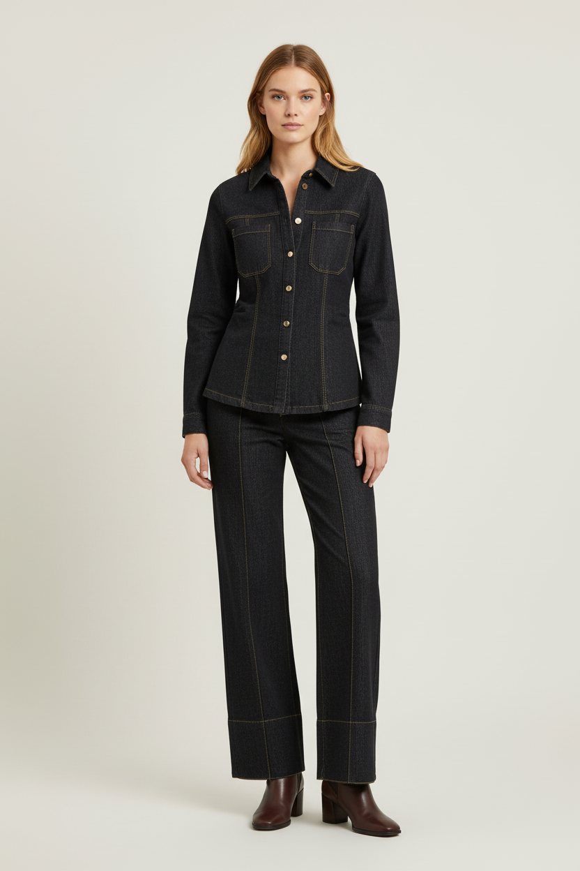 Classic Denim Two Piece Set with Button Jacket and Straight Pants