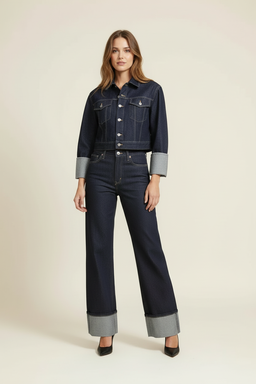 Cropped Denim Jacket and Wide Leg Jeans Two Piece Set