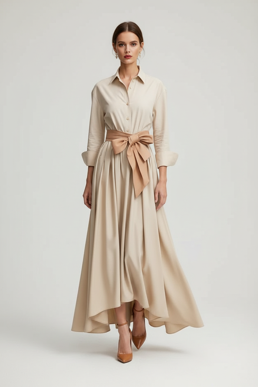 Tie Waist Shirt Style Maxi Dress
