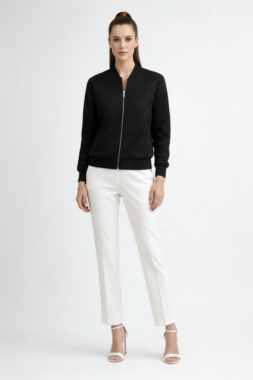 Women’s Textured Bomber Jacket with Ribbed Cuffs and Zip Front