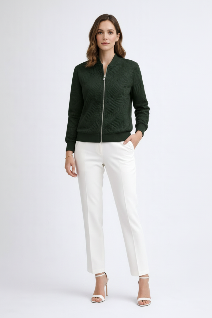Women’s Textured Bomber Jacket with Ribbed Cuffs and Zip Front