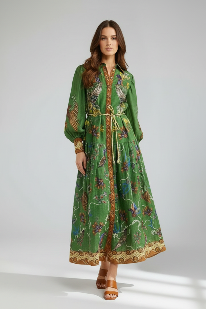 Women’s Printed Maxi Dress with V-Neck and Long Sleeves