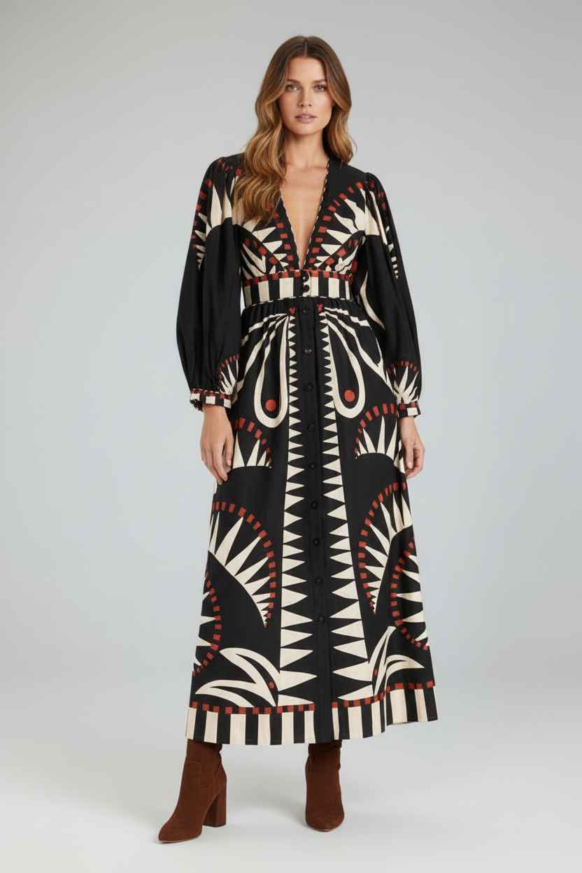 Women’s Printed Maxi Dress with V-Neck and Long Sleeves