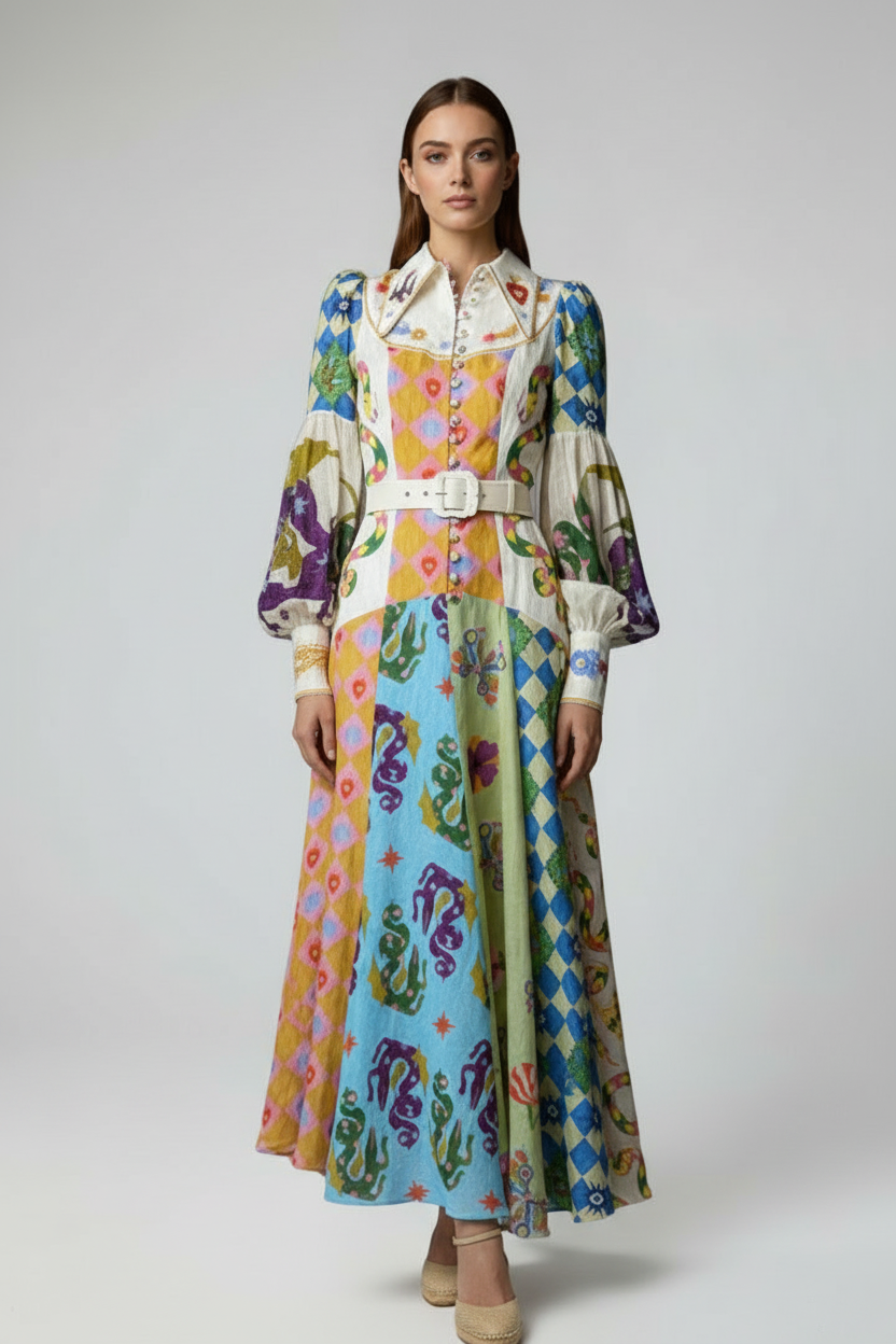 Women’s Printed Maxi Dress with V-Neck and Long Sleeves
