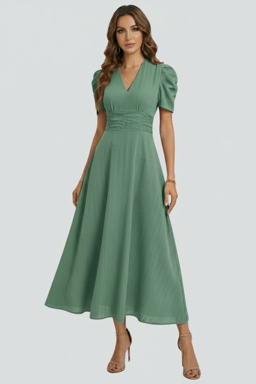 Women’s V-Neck Midi Dress with Ruched Waist and Short Sleeves