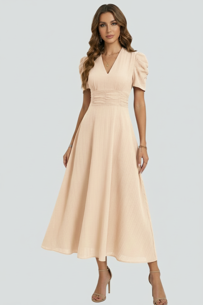 Women’s V-Neck Midi Dress with Ruched Waist and Short Sleeves