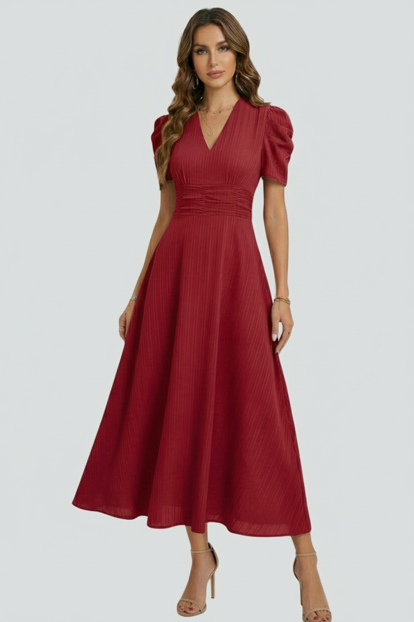 Women’s V-Neck Midi Dress with Ruched Waist and Short Sleeves