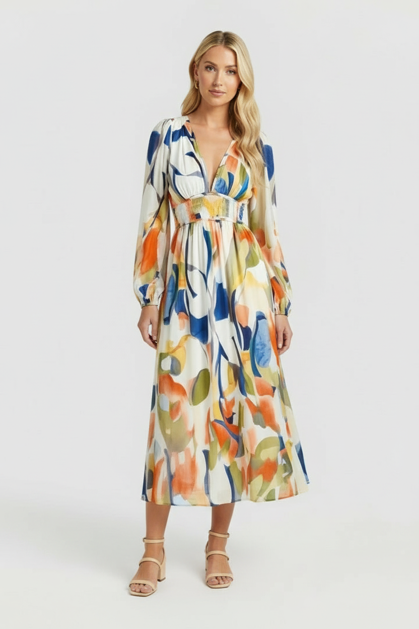 Women’s Floral Maxi Dress with V-Neck and Long Sleeves