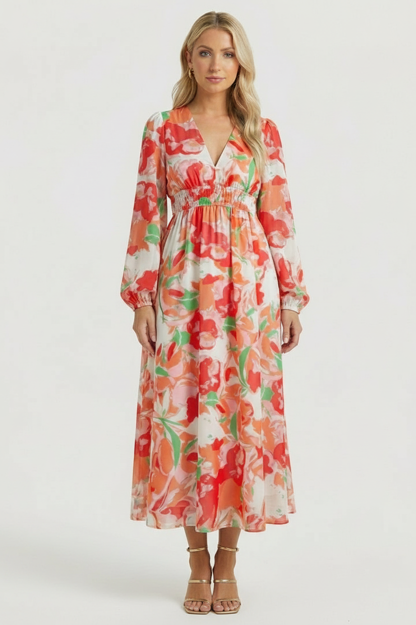 Women’s Floral Maxi Dress with V-Neck and Long Sleeves