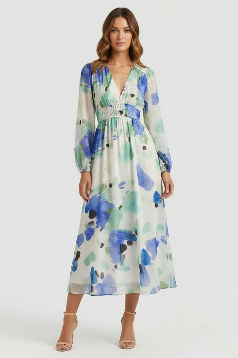 Women’s Floral Maxi Dress with V-Neck and Long Sleeves