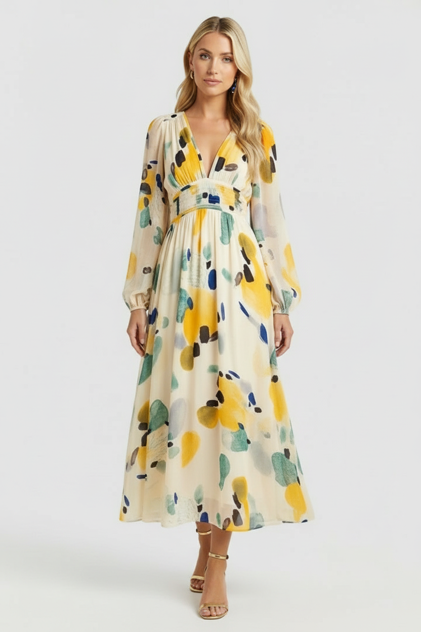 Women’s Floral Maxi Dress with V-Neck and Long Sleeves