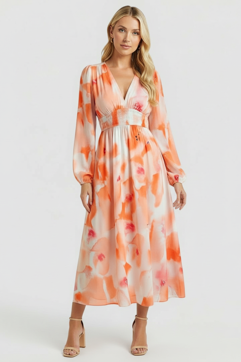 Women’s Floral Maxi Dress with V-Neck and Long Sleeves