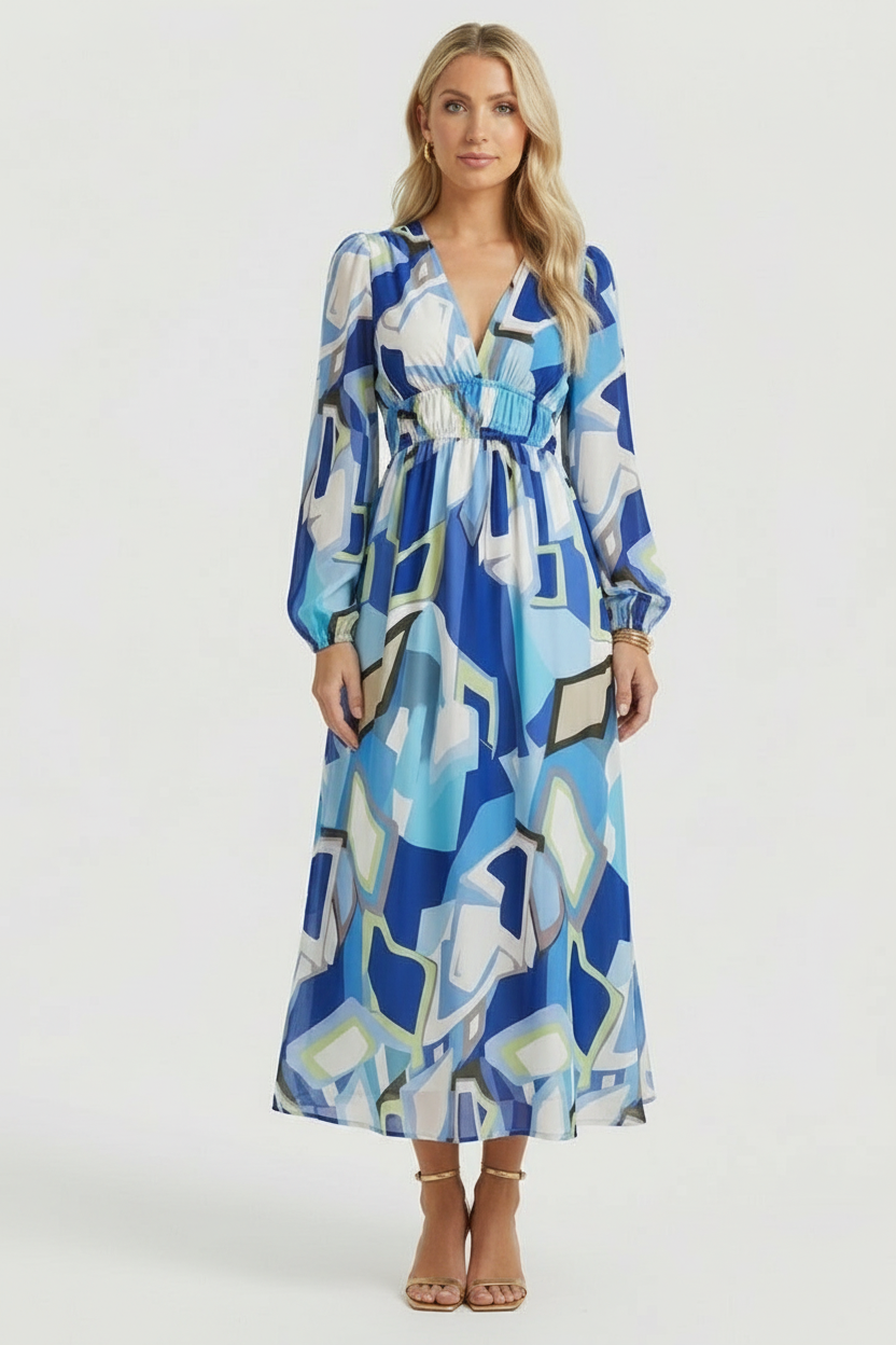 Women’s Floral Maxi Dress with V-Neck and Long Sleeves