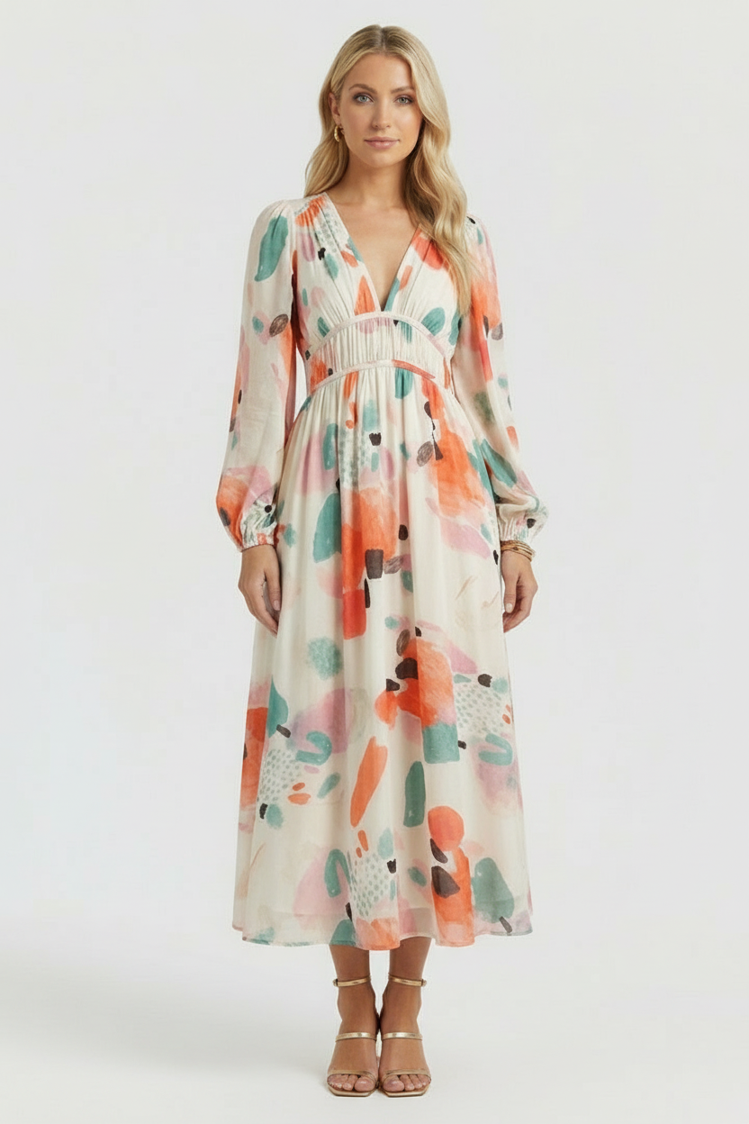 Women’s Floral Maxi Dress with V-Neck and Long Sleeves