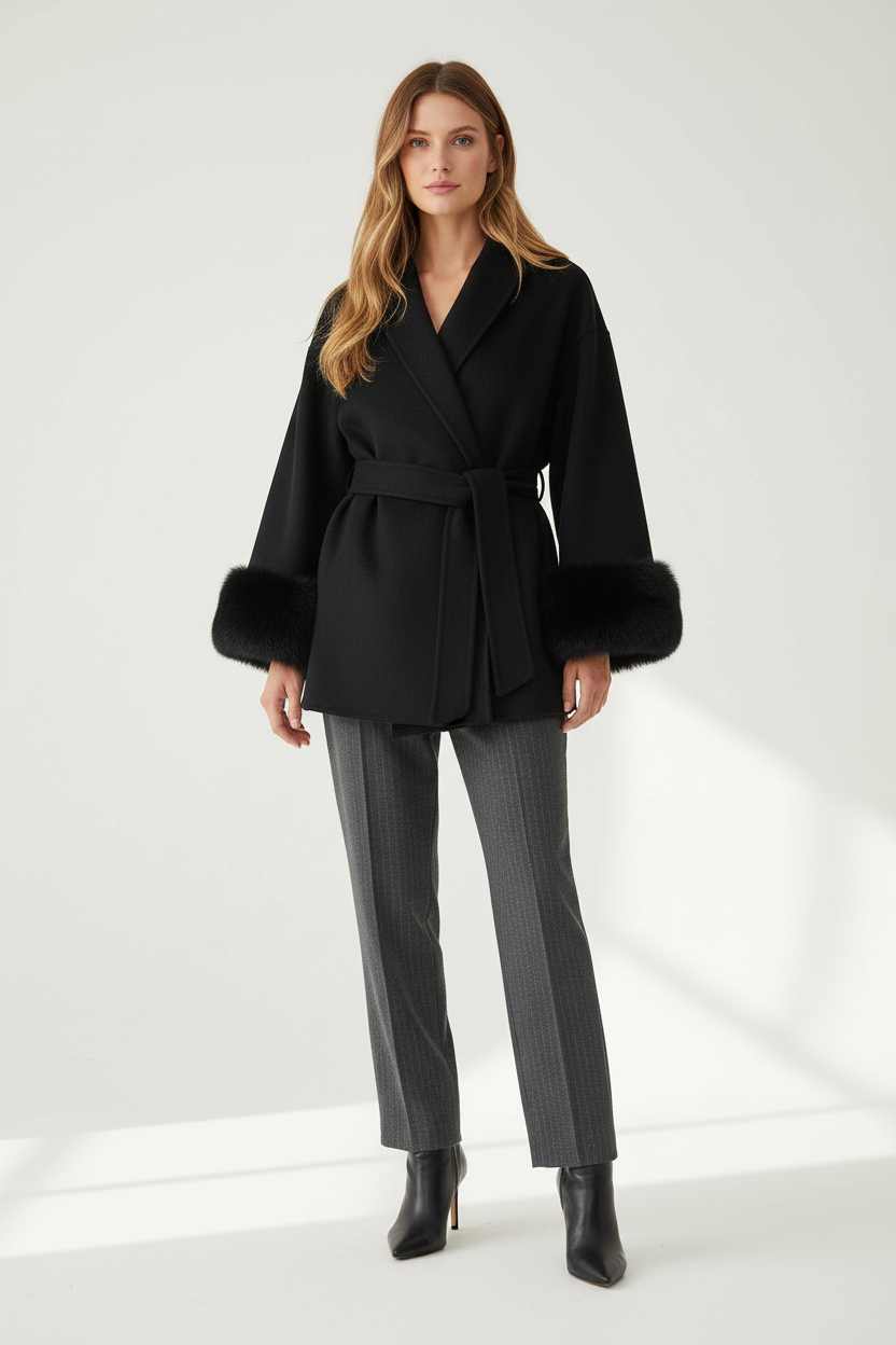 Belted Wrap Coat With Cuff Detail
