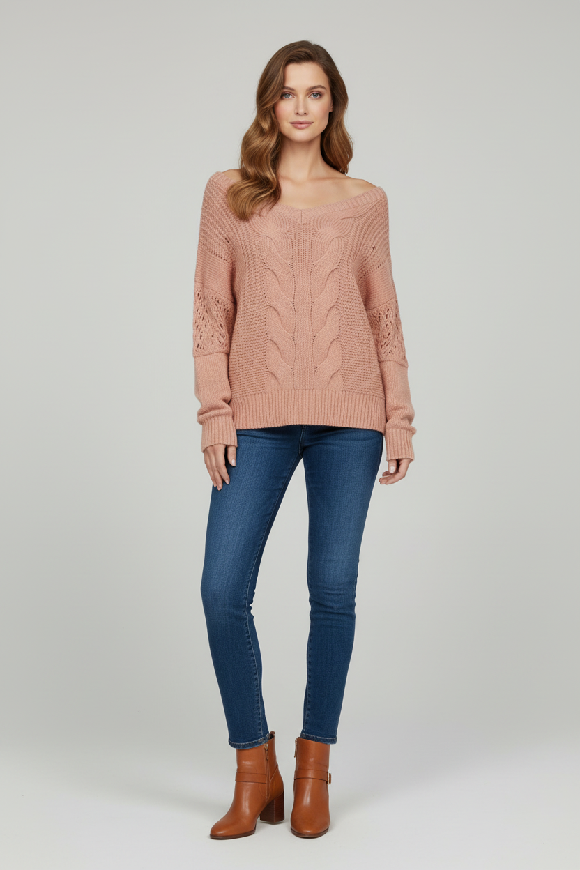 Relaxed Fit Knit Sweater with Round Neck and Long Sleeves