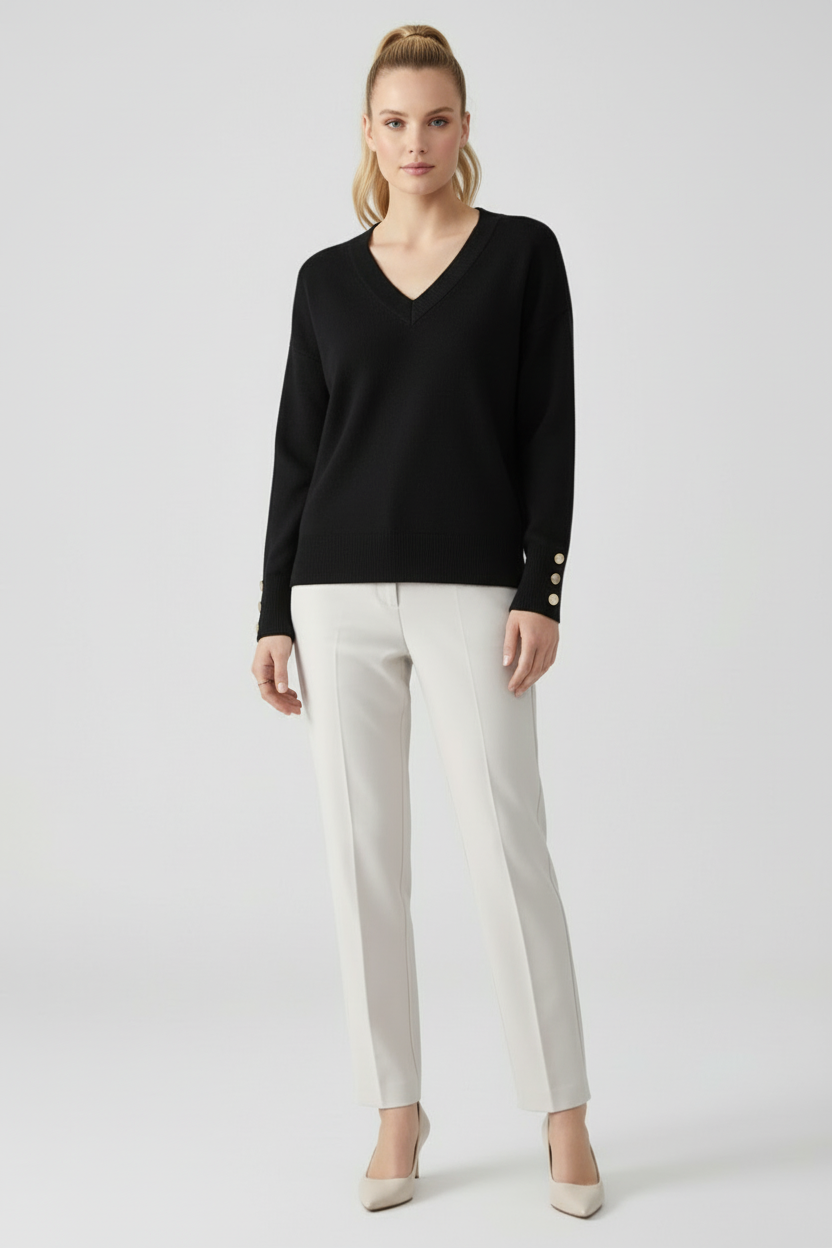 V Neck Womens Sweater with Dropped Shoulders and Buttoned Cuffs