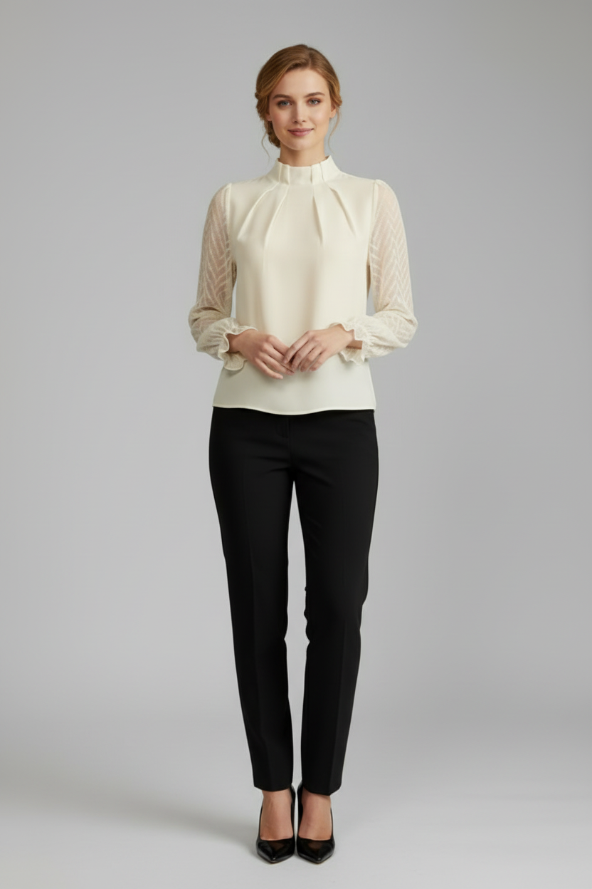 Long Sleeve Womens Top with Pleated Neckline and Textured Sleeves