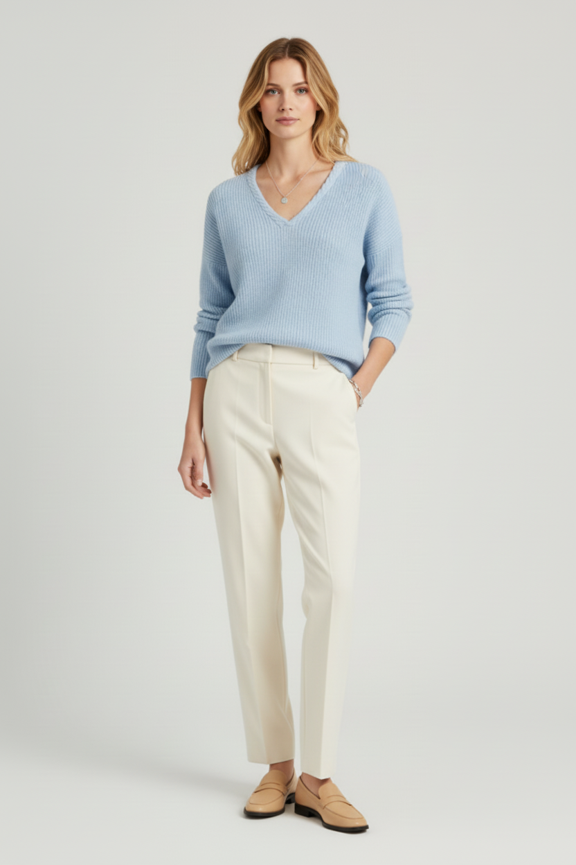 Ribbed V Neck Womens Pullover with Straight Hem