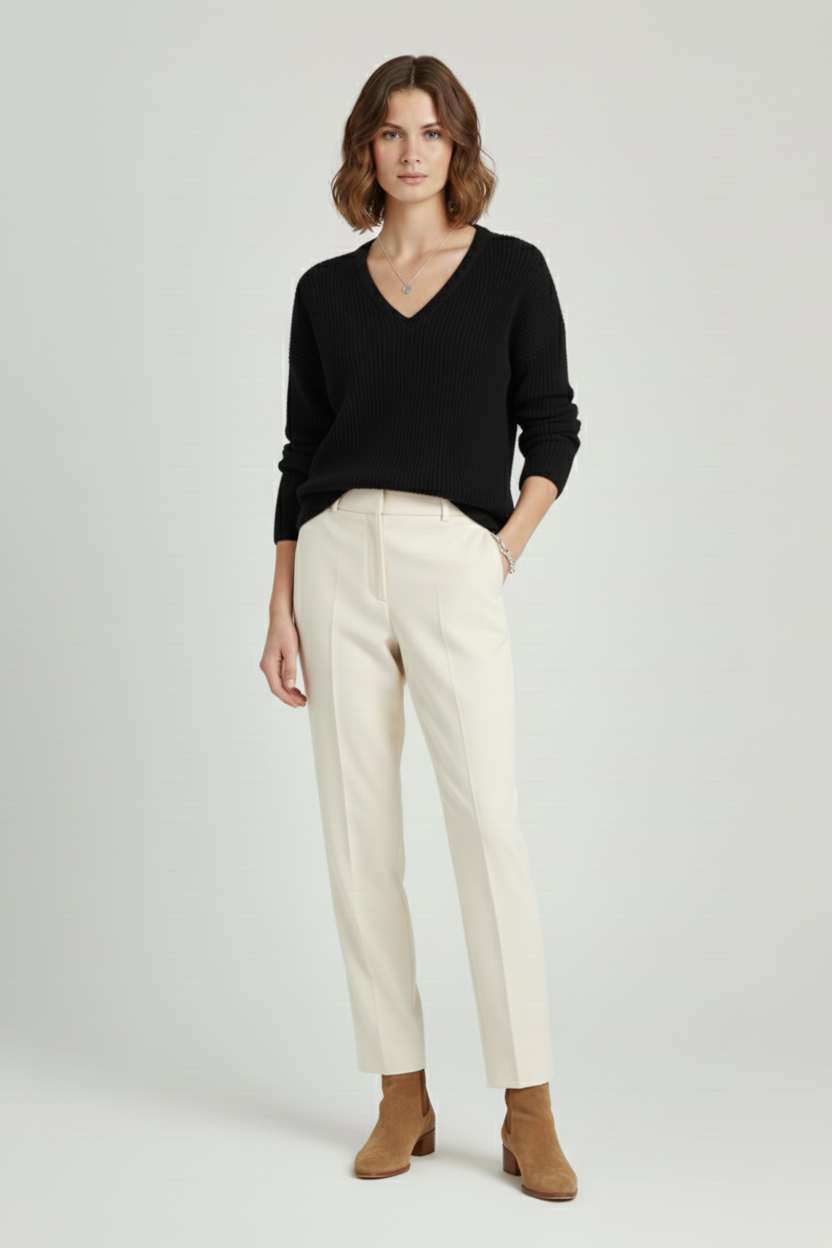 Ribbed V Neck Womens Pullover with Straight Hem