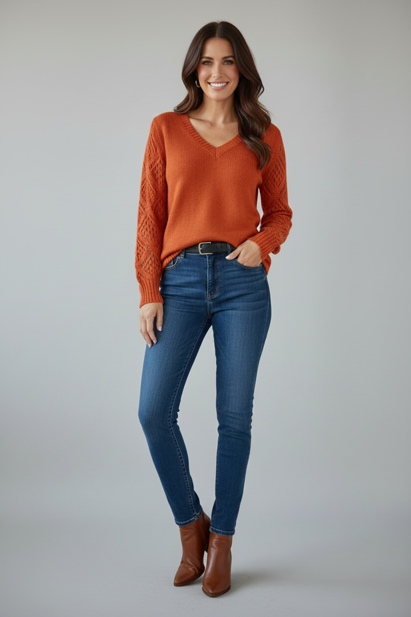 V Neck Knit Jumper with Long Sleeves and Textured Finish