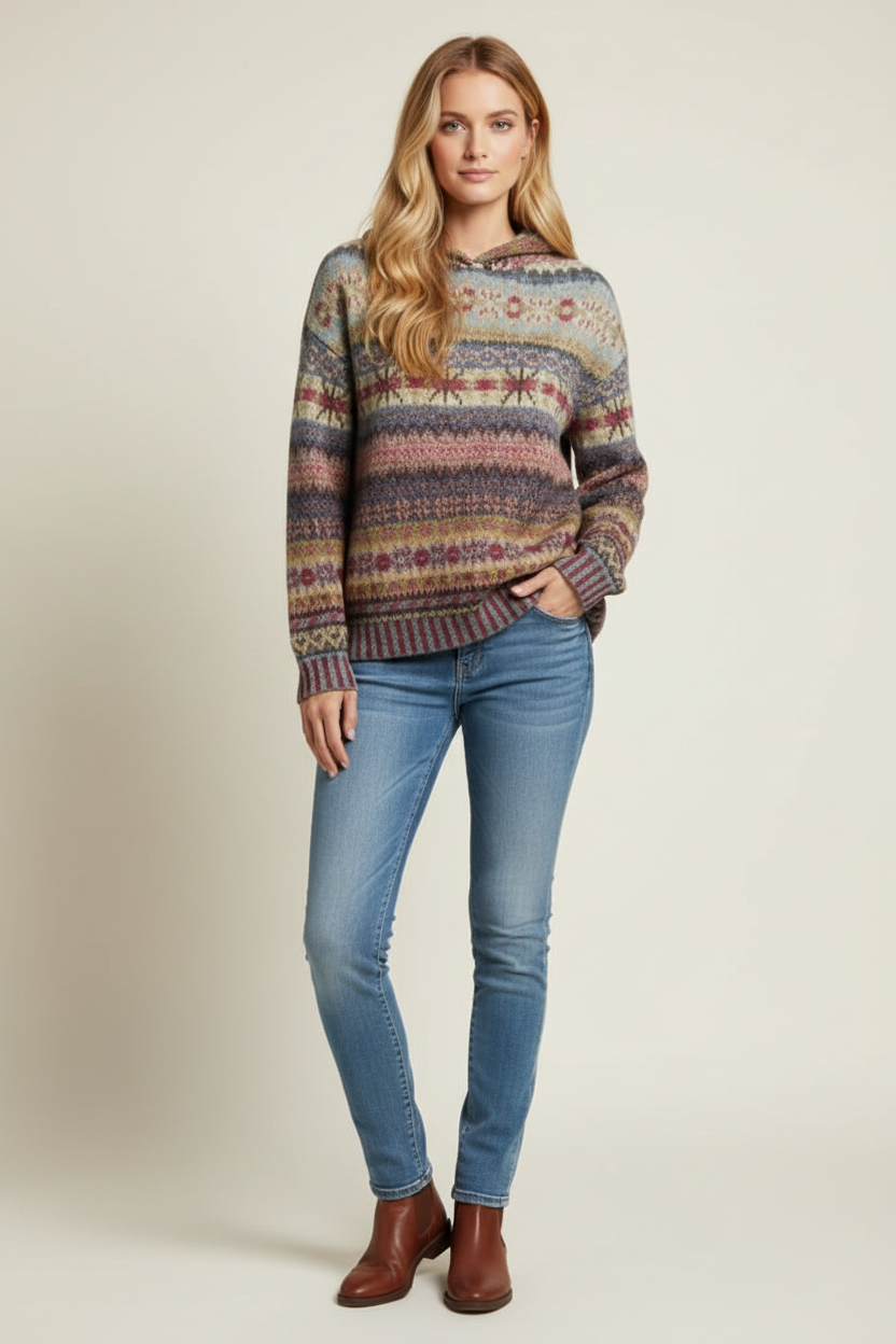 Multicoloured Knit Hoodie with Ribbed Cuffs and Hood