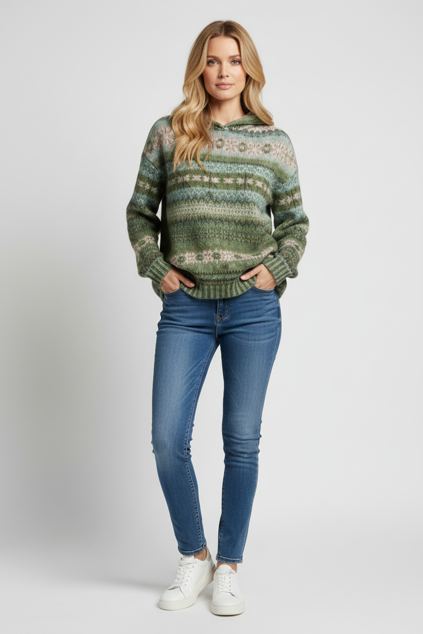 Multicoloured Knit Hoodie with Ribbed Cuffs and Hood