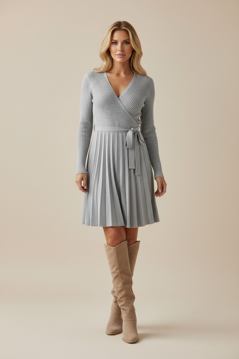 V Neck Wrap Dress with Long Sleeves and Pleated Skirt