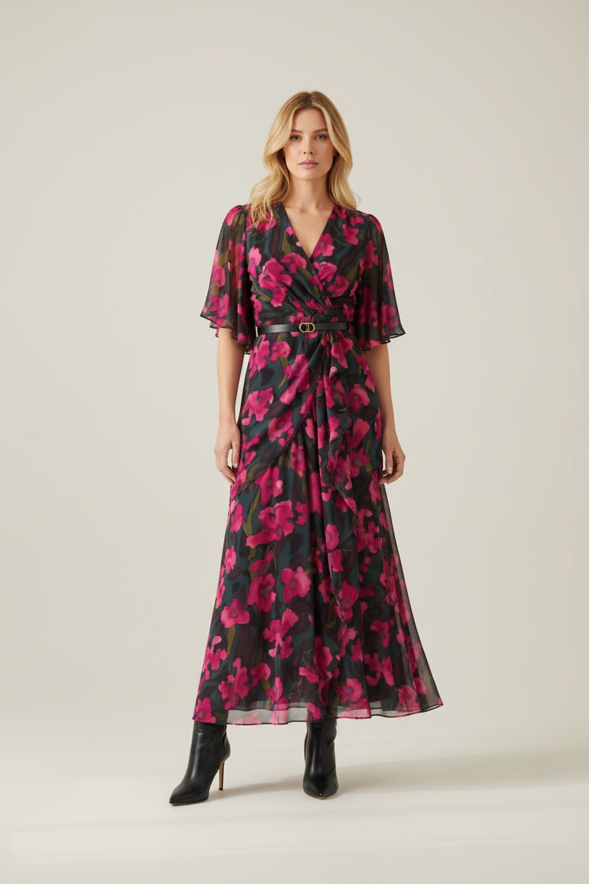 Printed Maxi Dress with V Neck and Trumpet Sleeves