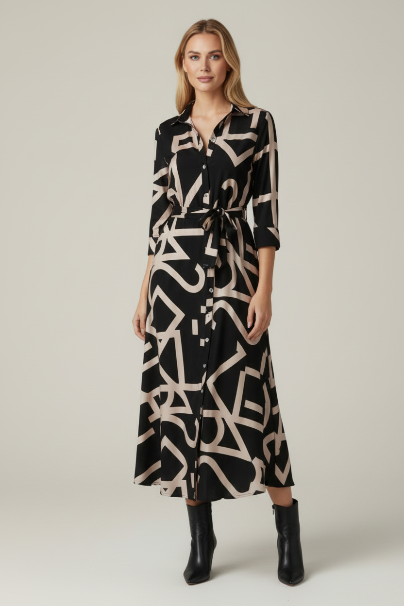 Patterned Midi Dress with Collar and Waist Tie