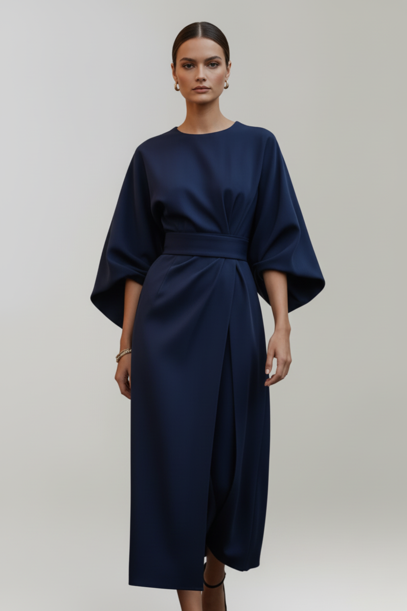 Belted Midi Dress with Wide Sleeves and Clean Silhouette