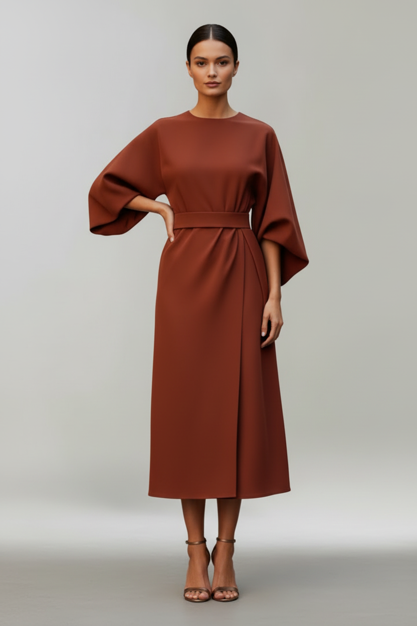 Belted Midi Dress with Wide Sleeves and Clean Silhouette