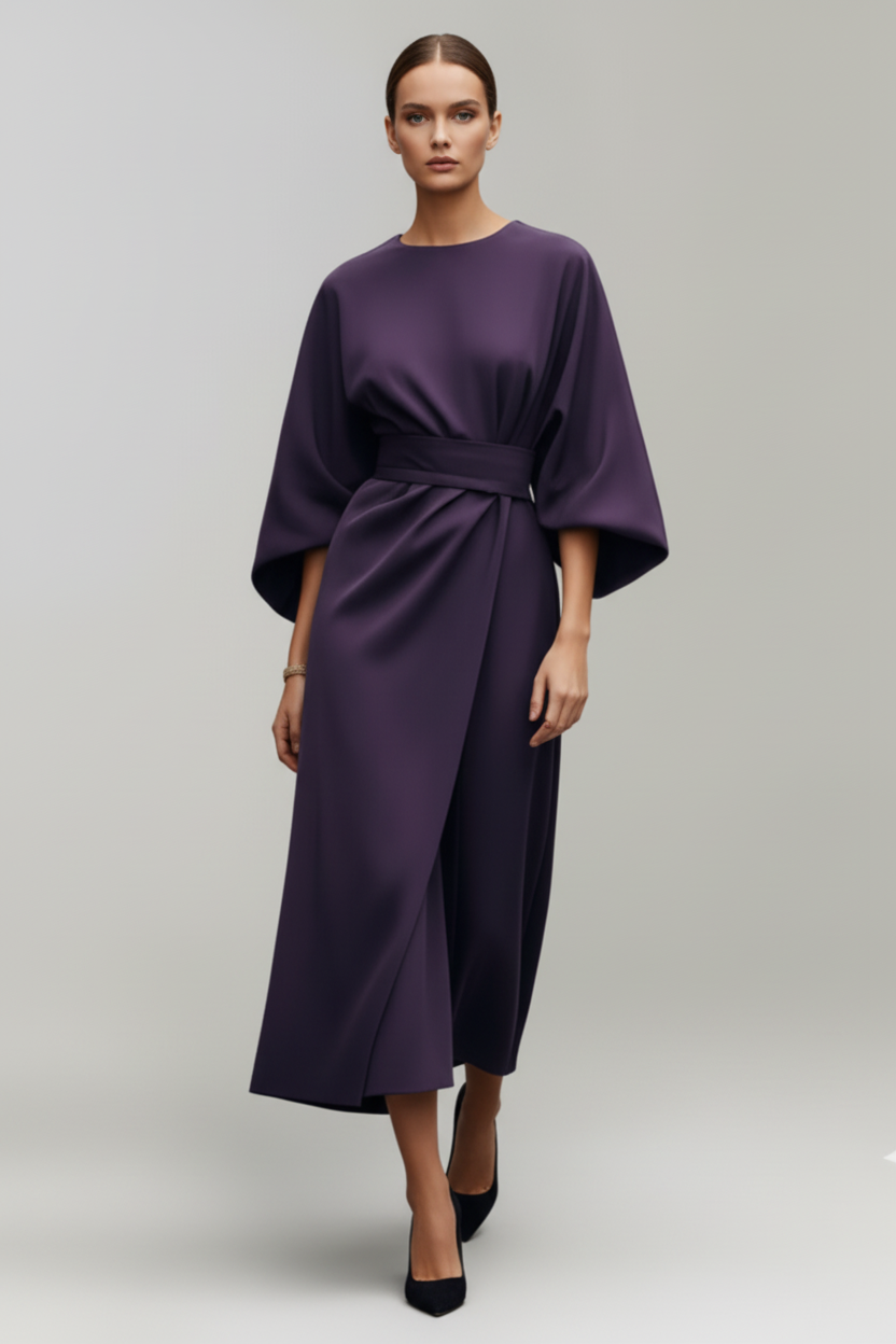 Belted Midi Dress with Wide Sleeves and Clean Silhouette