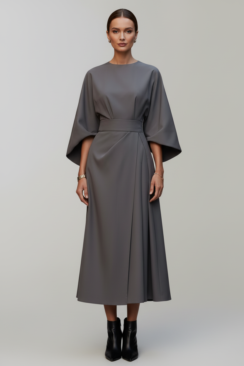 Belted Midi Dress with Wide Sleeves and Clean Silhouette