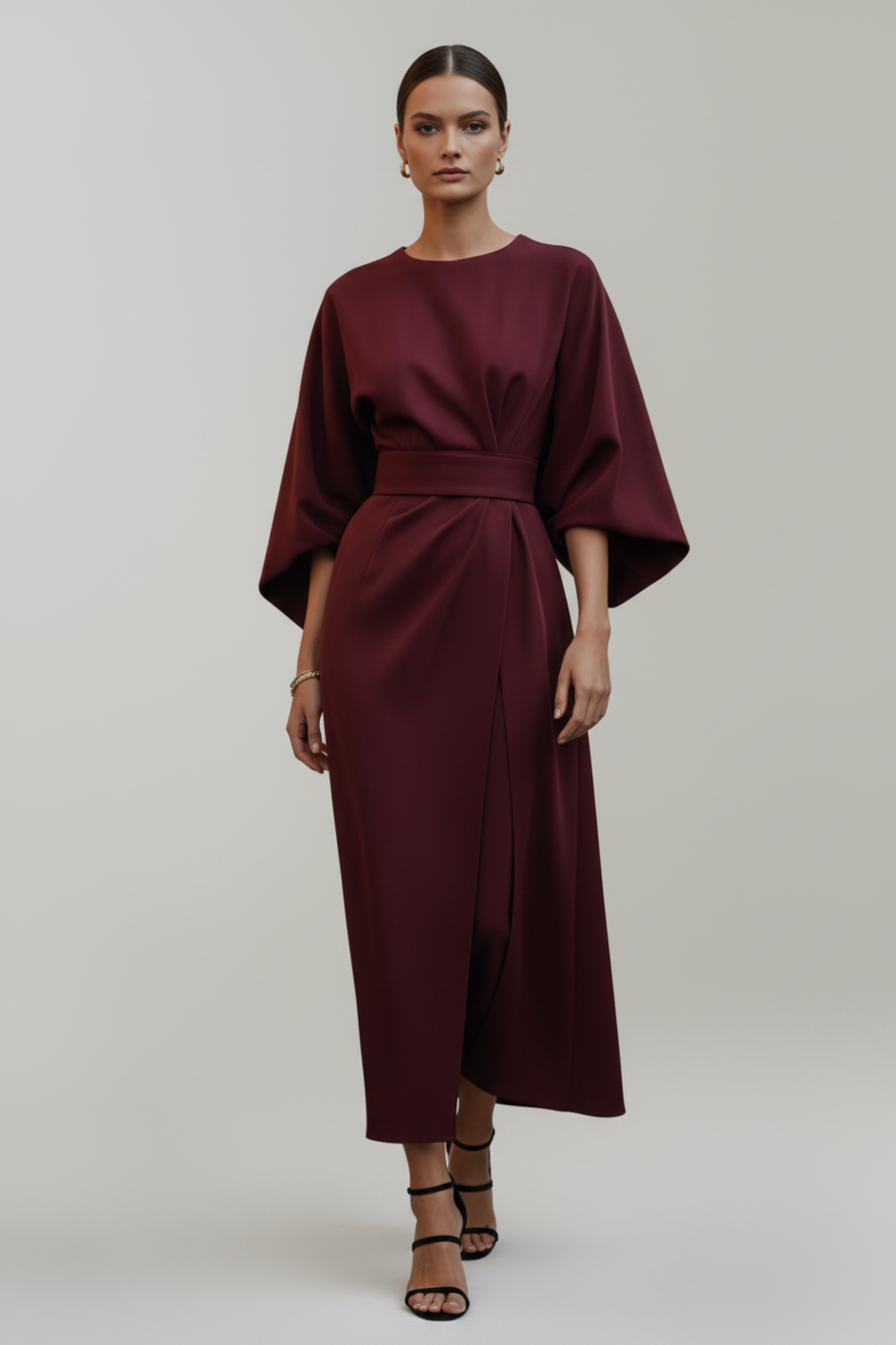 Belted Midi Dress with Wide Sleeves and Clean Silhouette