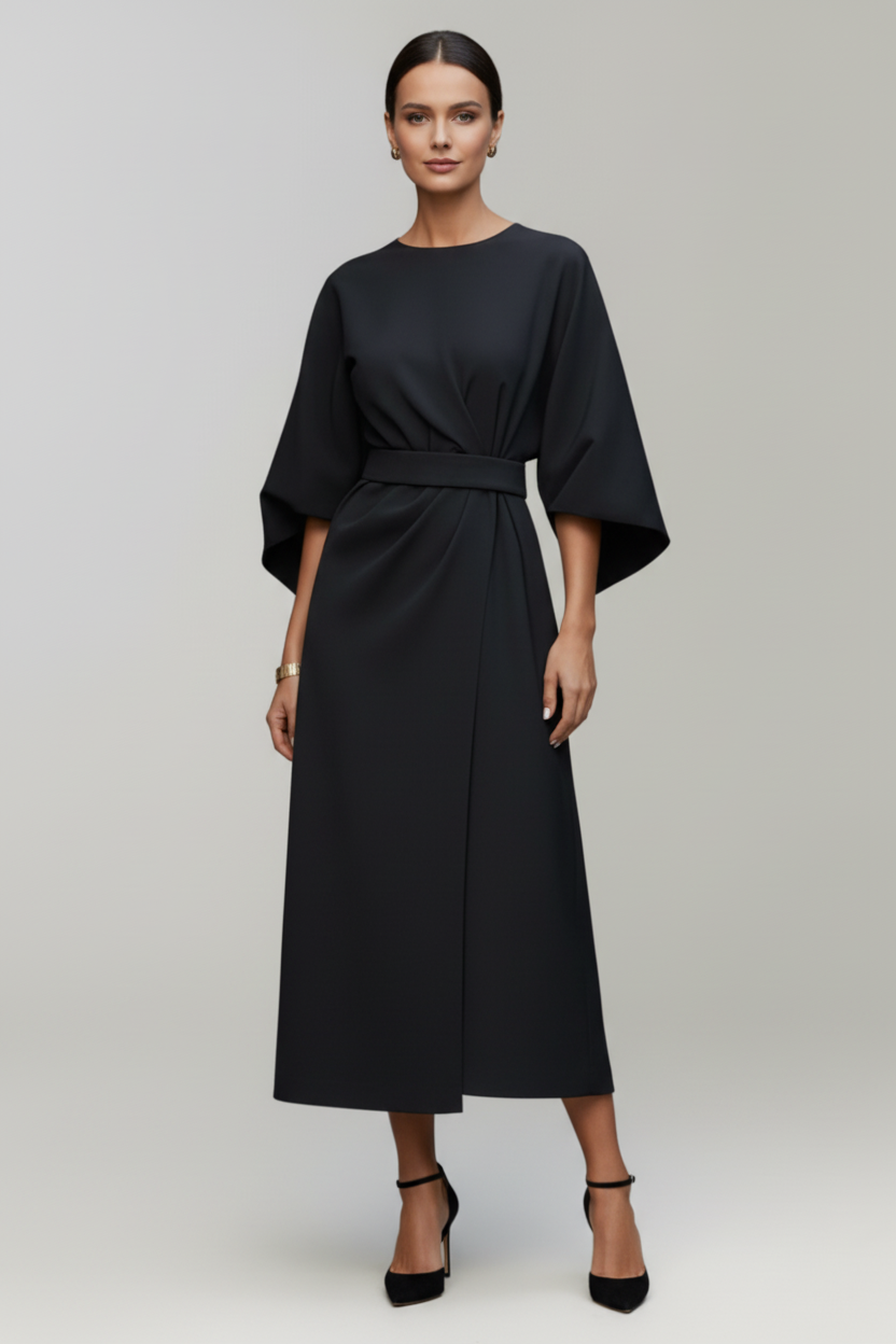 Belted Midi Dress with Wide Sleeves and Clean Silhouette