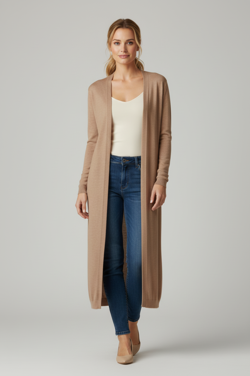 Long Open Cardigan with Straight Knit Silhouette