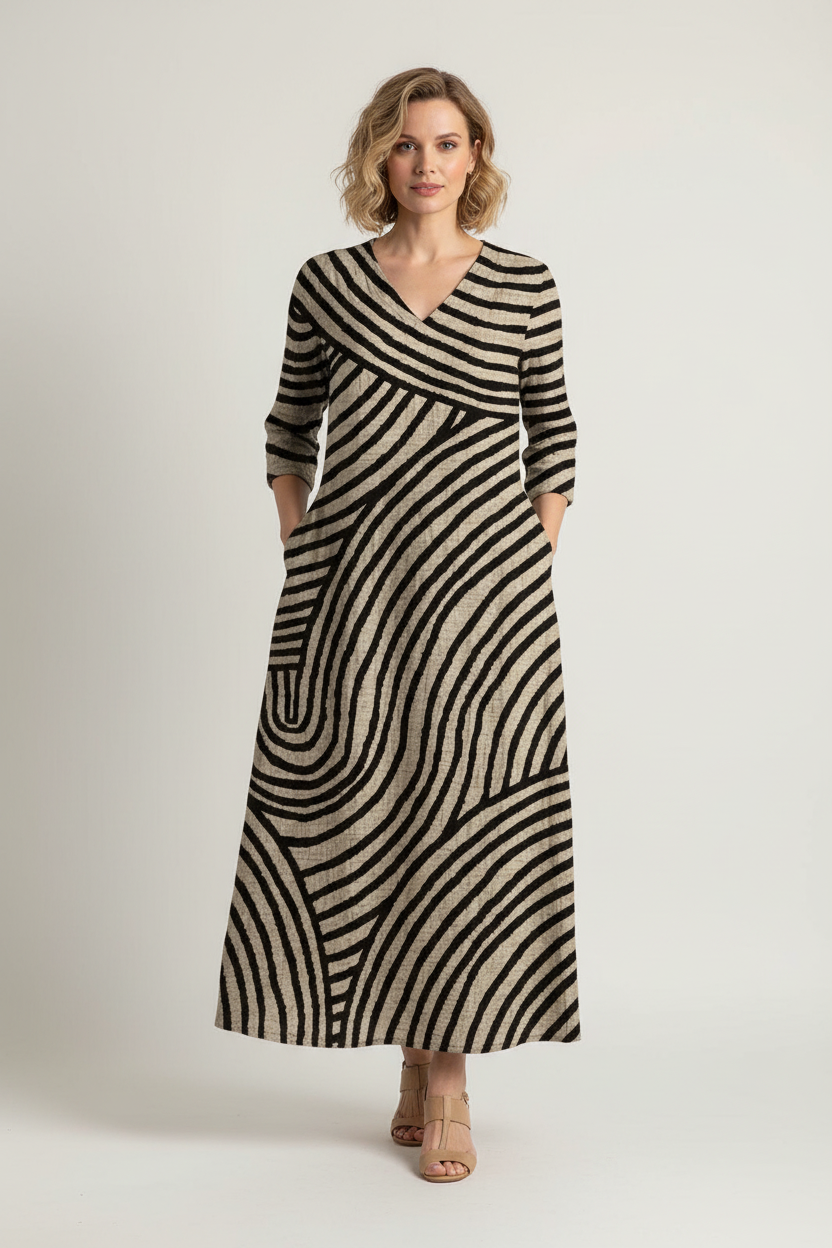 Vintage Striped Dress with V Neckline and Flowing Silhouette