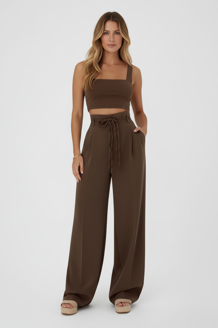 High Rise Wide Leg Trousers with Adjustable Waist Tie