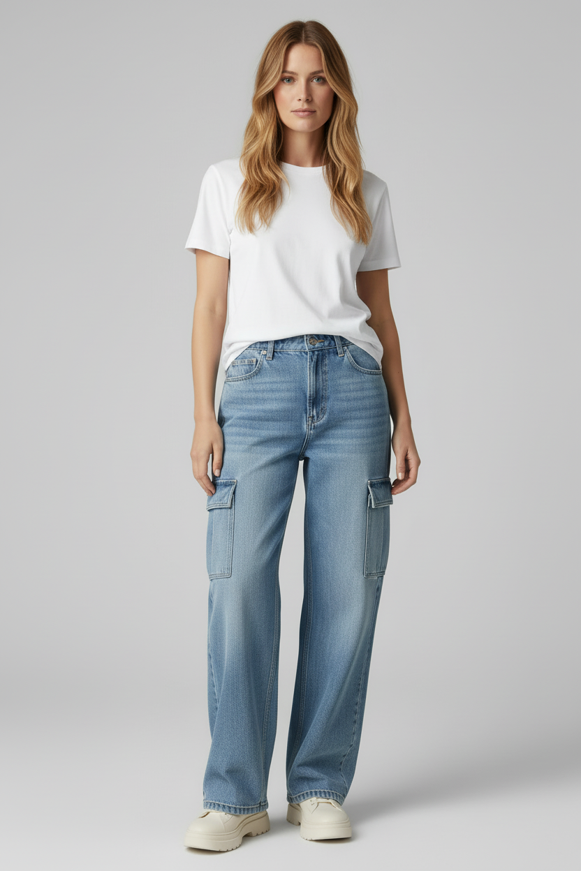 Cargo Style Womens Jeans with Flap Pockets and Straight Legs
