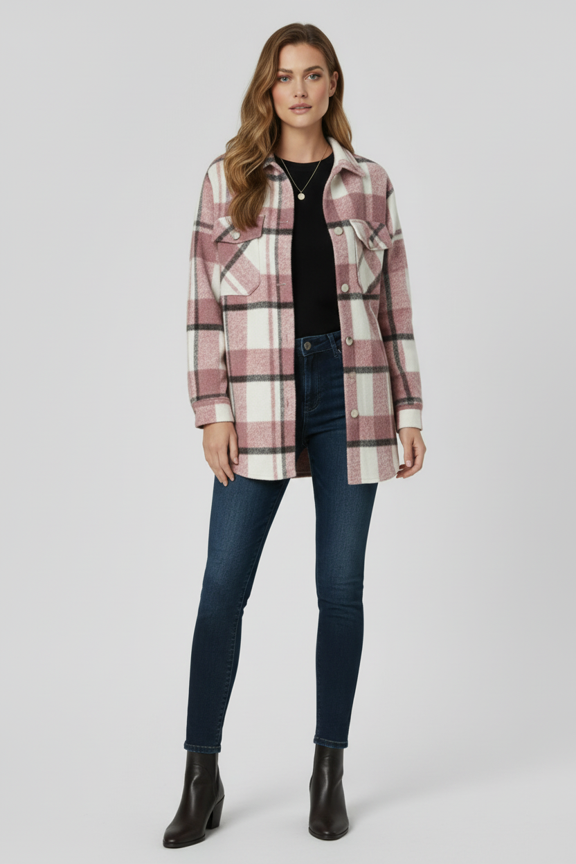 Check Shirt Jacket with Button Front and Collared Design