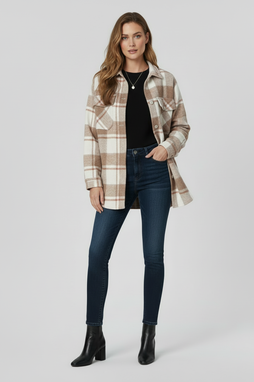 Check Shirt Jacket with Button Front and Collared Design