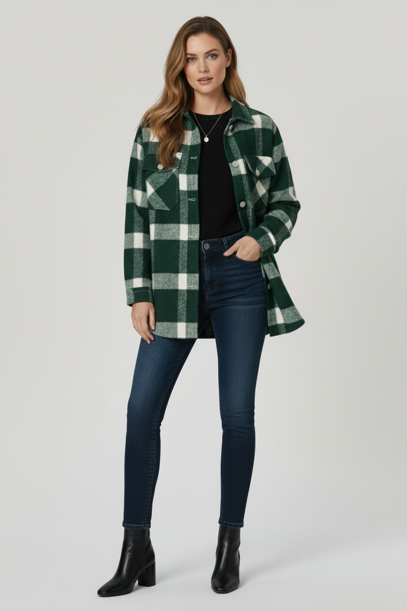 Check Shirt Jacket with Button Front and Collared Design
