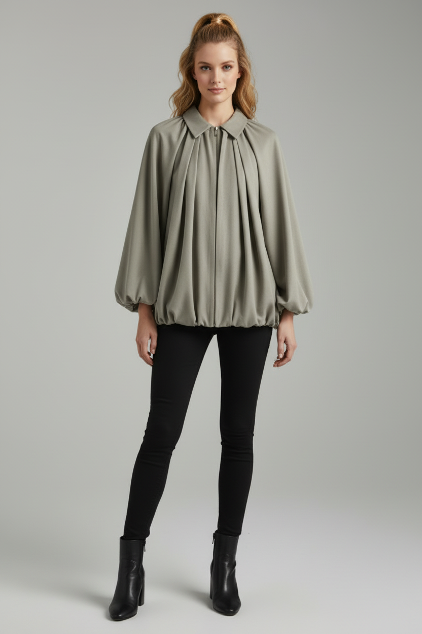 Relaxed Bomber Jacket with Puff Sleeves and Zip Front