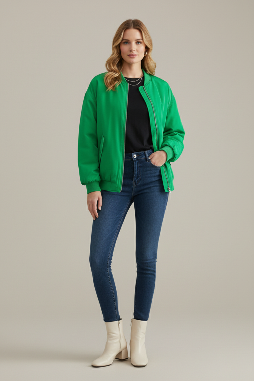 Zip Front Bomber Jacket with Ribbed Crew Neck