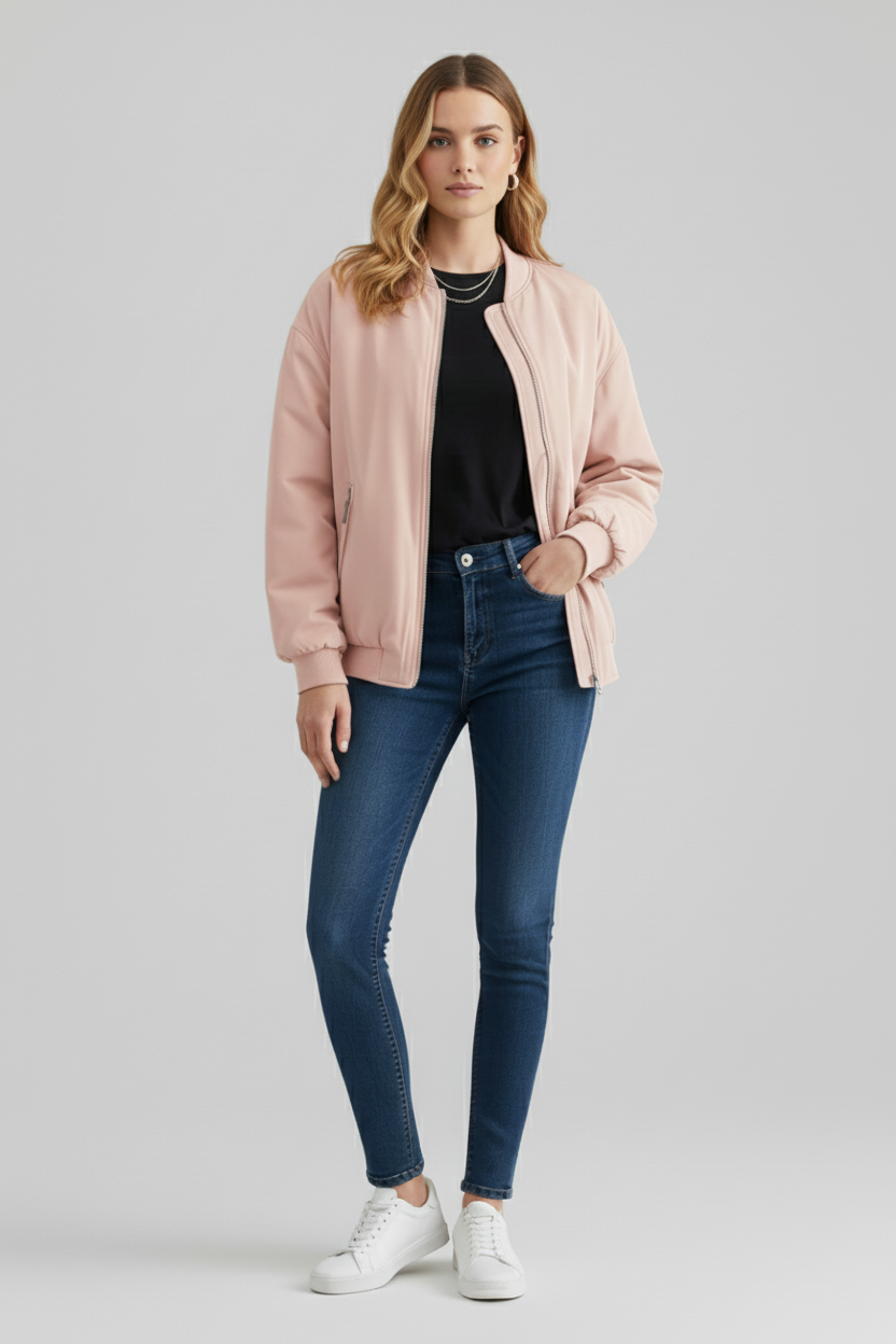 Zip Front Bomber Jacket with Ribbed Crew Neck