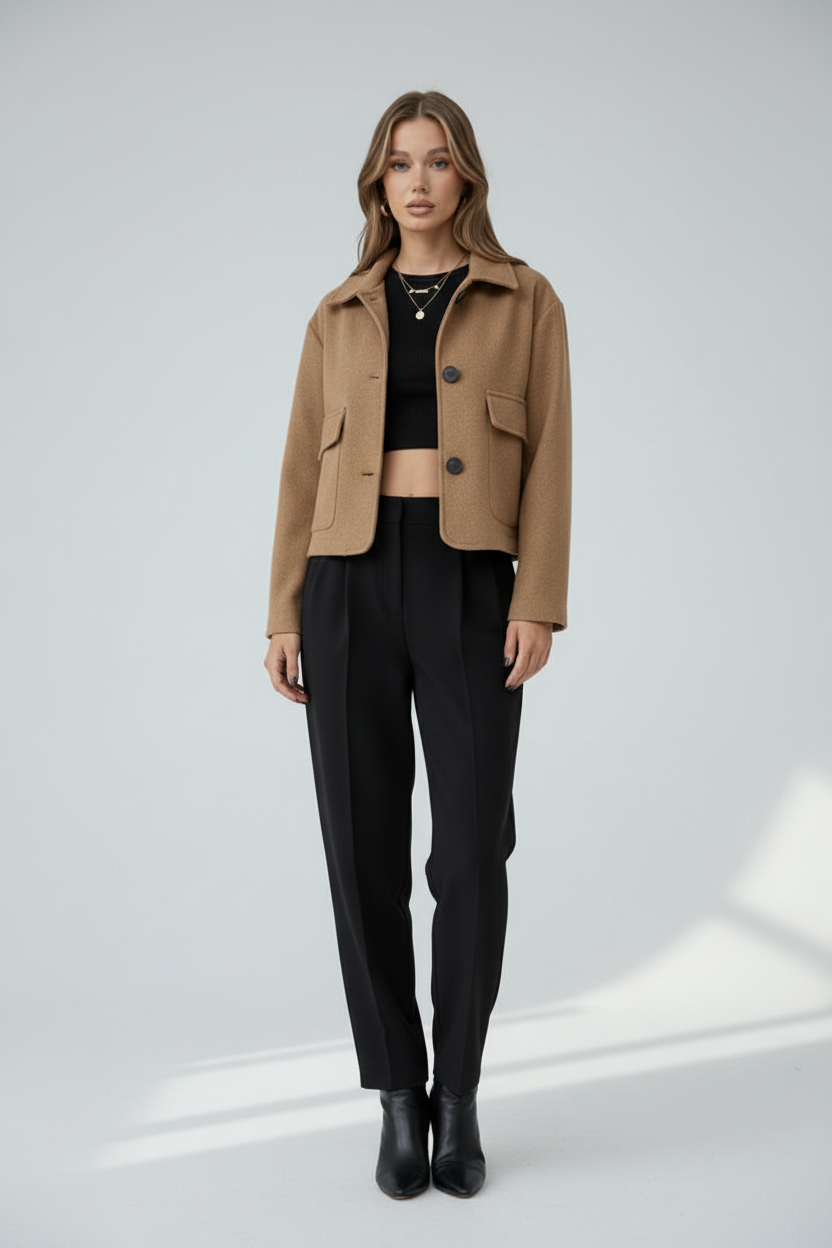 Cropped Faux Suede Jacket with Shirt Collar and Button Front