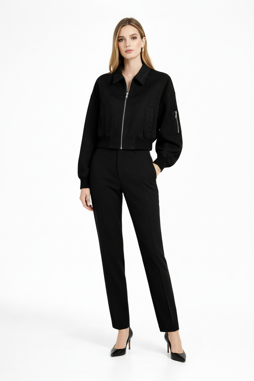 Women’s Cropped Bomber Jacket with Zip Closure and Pocket Detail