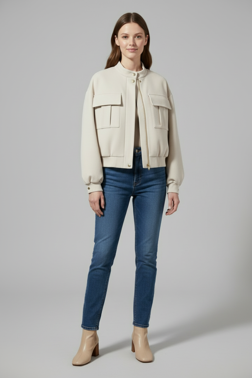 Women’s Zip-Front Bomber Jacket with Functional Pockets