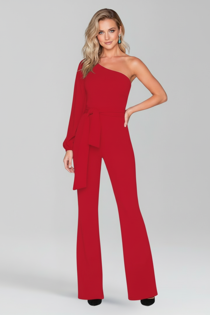 Women’s One-Shoulder Jumpsuit with Long Sleeve and Wide Legs